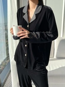 DAZY Lace Panel Lapel Neck Velvet Top & Pants Pajama Set, Fall Winter Clothes, Cozy - Black - View 3