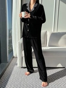 DAZY Lace Panel Lapel Neck Velvet Top & Pants Pajama Set, Fall Winter Clothes, Cozy - Black - View 4