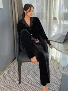 DAZY Lace Panel Lapel Neck Velvet Top & Pants Pajama Set, Fall Winter Clothes, Cozy - Black - View 6