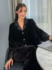 DAZY Lace Panel Lapel Neck Velvet Top & Pants Pajama Set, Fall Winter Clothes, Cozy - Black - View 8