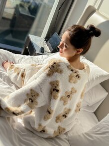 DAZY 熊纹法兰绒白色睡衣套装，秋冬装，蓬松舒适