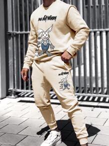 Manfinity Homme 男士卡通和標語圖案運動衫和腰部抽繩衛褲 - 杏色 - 查看 1