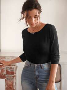 SHEIN Frenchy 蕾絲花邊後綁帶T恤 - 黑色 - 查看 5