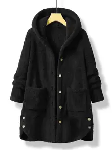 Mulvari Plus Pocket Patched Hooded Flannel Coat - Black - View 1