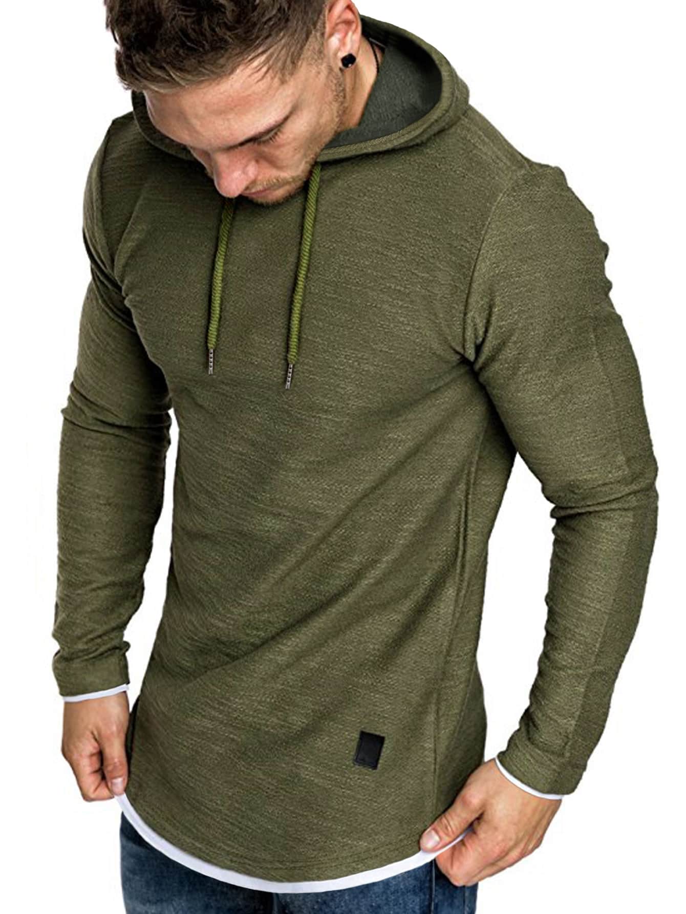 Manfinity Homme 男士貼布細節抽繩連帽衫 - 軍綠色 - 查看 1