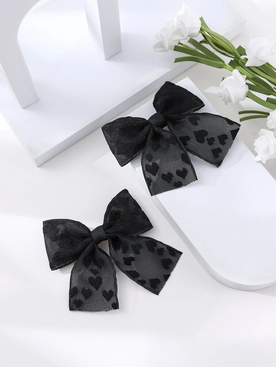 2个心形图案网纱蝴蝶结发夹，适合儿童，14+款优雅蝴蝶结发饰/简约百搭裙装