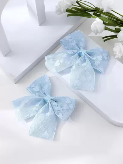 2pcs Heart Mesh Bow Hair Clips Set, Elegant Bowknot Hair Accessories / Simple Versatile Skirt