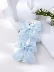 2pcs Heart Mesh Bow Hair Clips Set, Elegant Bowknot Hair Accessories / Simple Versatile Skirt - Blue - View 2