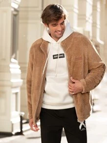 Manfinity Men Letter Embroidery Patched Detail Teddy Jacket - Brown - View 3