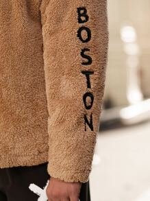 Manfinity Men Letter Embroidery Patched Detail Teddy Jacket - Brown - View 2