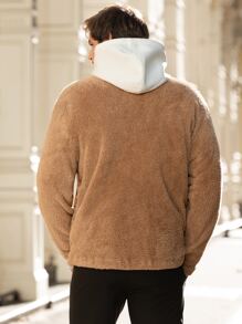 Manfinity Men Letter Embroidery Patched Detail Teddy Jacket - Brown - View 4