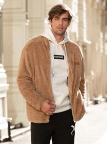 Manfinity Men Letter Embroidery Patched Detail Teddy Jacket - Brown - View 5