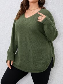 SHEIN LUNE Plus Drop Shoulder Curved Hem Jumper - Army Green - View 1