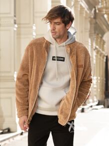 Manfinity Men Letter Embroidery Patched Detail Teddy Jacket - Brown - View 6