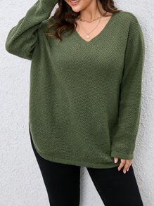 SHEIN LUNE Plus Drop Shoulder Curved Hem Jumper - Army Green - View 3