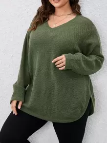 SHEIN LUNE Plus Drop Shoulder Curved Hem Jumper - Army Green - View 4