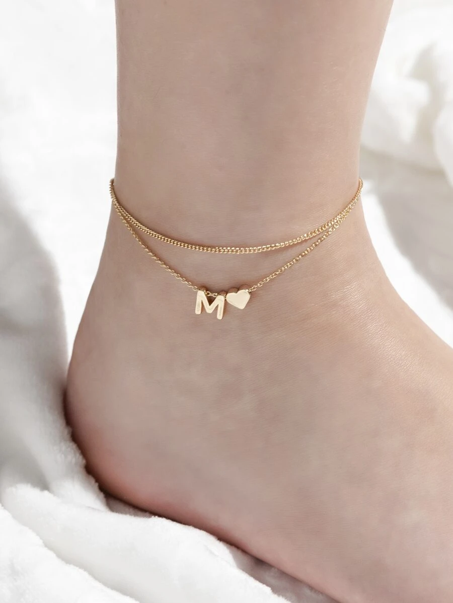 字母和心形裝飾分層腳鏈 - 金黃色 - 查看 1