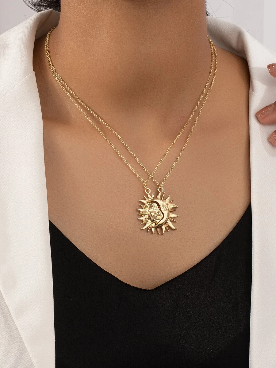 2pcs Sun Pendant Necklace - Yellow Gold - View 1