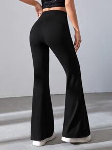 SHEIN EZwear Ruched Waist Flare Leg Black Pants