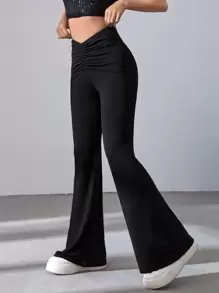 SHEIN EZwear Ruched Waist Flare Leg Black Pants