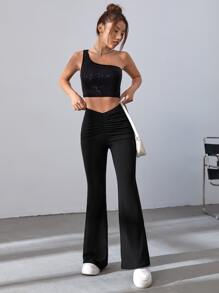 SHEIN EZwear Ruched Waist Flare Leg Black Pants