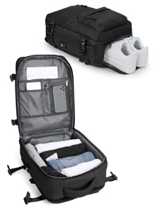 男女皆適用的筆記型電腦背包,14/15英寸機器背包經過飛行認可,帶有濕乾分隔口的隨身背包旅行包,防水大容量30l行李商務學院週末隨身背包,帶有鞋格收納空間適用於旅行 - 黑色 - 查看 2