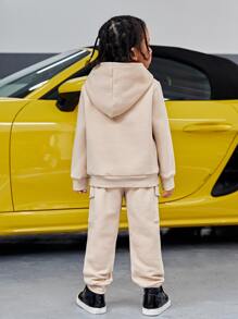 SHEIN 男孩字母拼接袋狀保暖連帽衫和運動長褲 - 杏色 - 查看 6