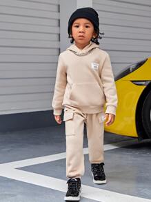 SHEIN 男孩字母拼接袋狀保暖連帽衫和運動長褲 - 杏色 - 查看 7