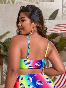 SHEIN Swim Curve Plus Heart Print Ombre Knot Front Bikini Top - Multicolor - View 2