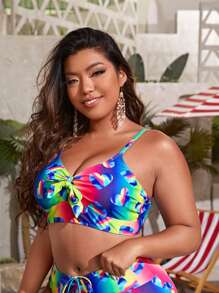 SHEIN Swim Curve Plus Heart Print Ombre Knot Front Bikini Top - Multicolor - View 3