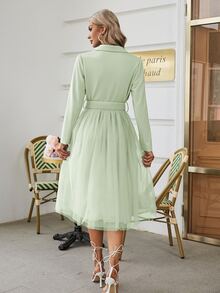 Simplee Đầm Thắt lưng Tương phản Mesh Nút phía trước màu trơn Thanh lịch - Màu xanh Bạc hà - Xem 4