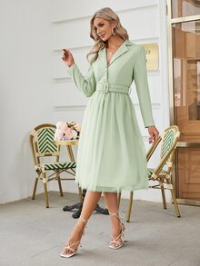 Simplee Đầm Thắt lưng Tương phản Mesh Nút phía trước màu trơn Thanh lịch - Màu xanh Bạc hà - Xem 2