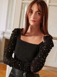 SHEIN Frenchy Áo thun nữ Thiên hà Thanh lịch - màu đen - Xem 4