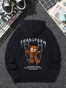 ROMWE MEN Guys Slogan & Bear Print Thermal Hoodie - Black - View 1