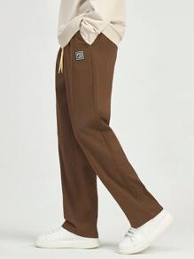 Manfinity Hypemode 寬鬆男士字母裝飾抽繩腰褲 - 咖啡棕 - 查看 4