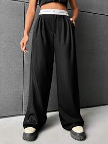 SHEIN EZwear Quần nữ Túi Dây kéo Uốn nếp Khối Màu Giải trí - màu đen - Xem 1