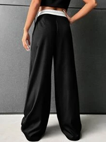 SHEIN EZwear Quần nữ Túi Dây kéo Uốn nếp Khối Màu Giải trí - màu đen - Xem 2