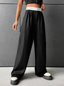 SHEIN EZwear Quần nữ Túi Dây kéo Uốn nếp Khối Màu Giải trí - màu đen - Xem 3