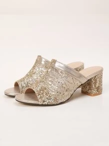 Women Sequin Decor Chunky Heeled Mule Sandals, Glamorous Party Heeled Sandals - Gold - View 5