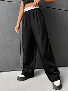 SHEIN EZwear Quần nữ Túi Dây kéo Uốn nếp Khối Màu Giải trí - màu đen - Xem 4