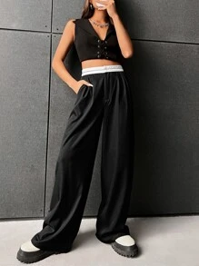 SHEIN EZwear Quần nữ Túi Dây kéo Uốn nếp Khối Màu Giải trí - màu đen - Xem 5