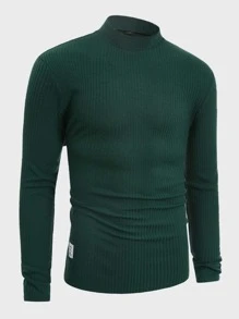 Manfinity NiteLyfe Hombres Camiseta de cuello alto con parche de letra tejido de canalé - Verde Oscuro - Ver 1