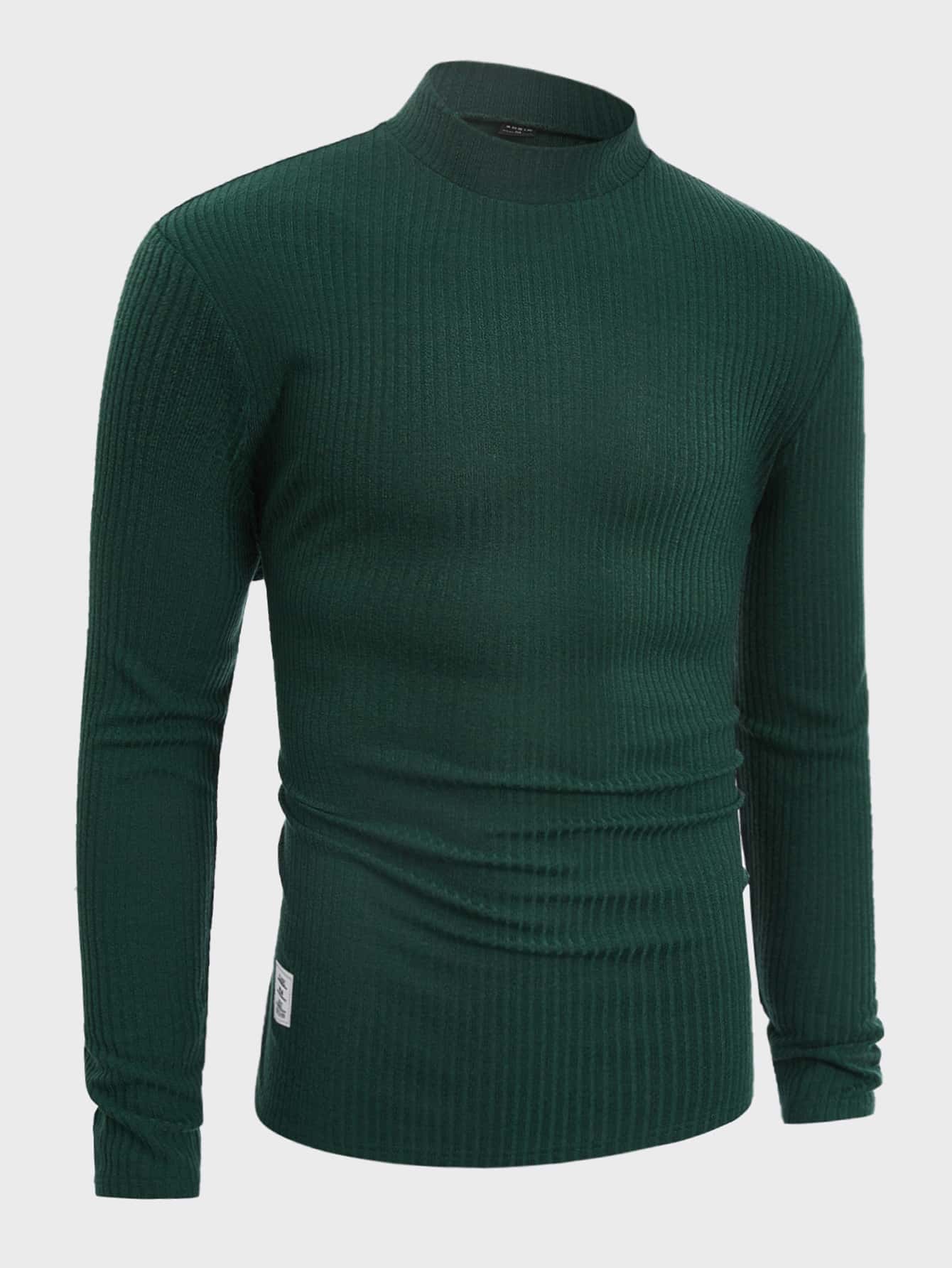 Manfinity NiteLyfe Hombres Camiseta de cuello alto con parche de letra tejido de canalé - Verde Oscuro - Ver 1