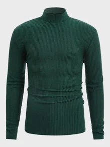 Manfinity NiteLyfe Hombres Camiseta de cuello alto con parche de letra tejido de canalé - Verde Oscuro - Ver 3