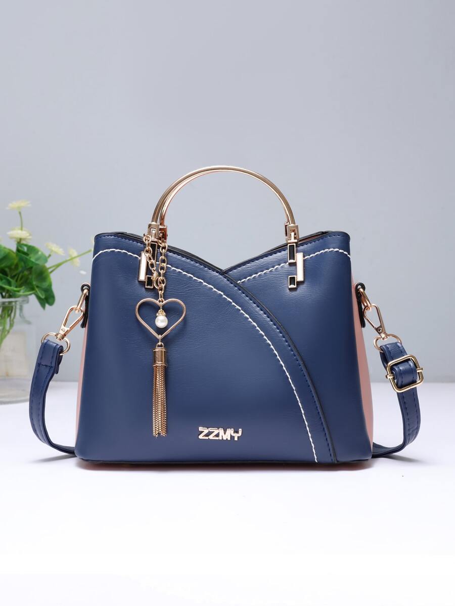 Colorblock Round Handle Tote Bag, Tassel Decor Shoulder Bag, Crossbody Bag, Suitable For Work And Office, Mother's Day Gift For Mom