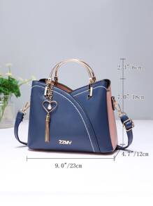 Colorblock Round Handle Tote Bag, Tassel Decor Shoulder Bag, Crossbody Bag, Suitable For Work And Office, Mother's Day Gift For Mom - Multicolor - View 6