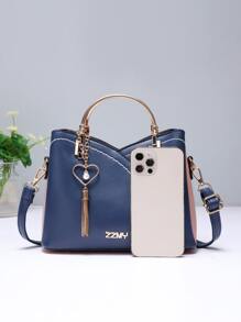 Colorblock Round Handle Tote Bag, Tassel Decor Shoulder Bag, Crossbody Bag, Suitable For Work And Office, Mother's Day Gift For Mom - Multicolor - View 5