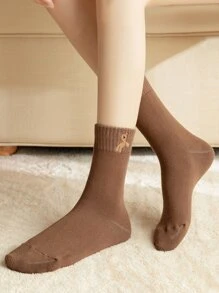 3pairs Cartoon Dog Embroidered Crew Socks - Coffee Brown - View 2