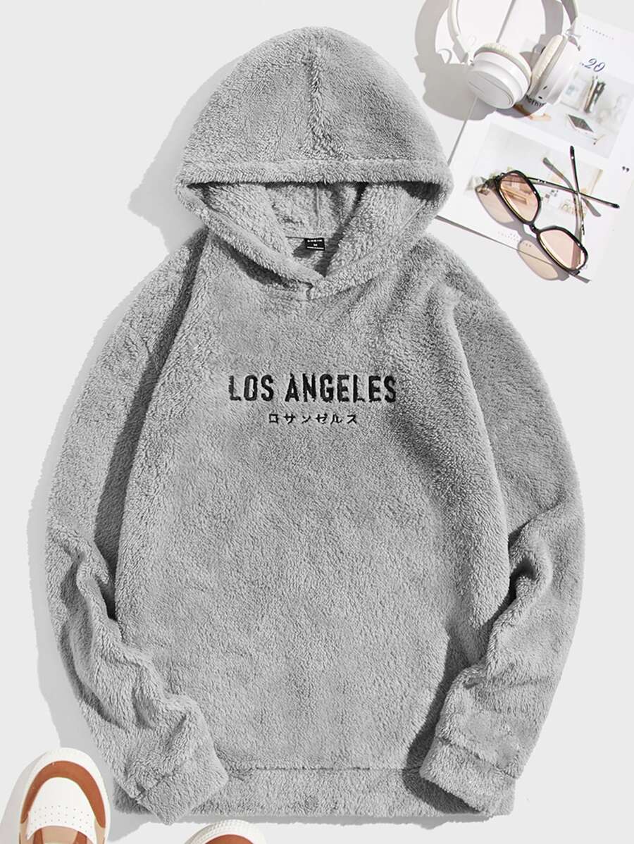 Manfinity RebelGame Men Letter Embroidery Teddy Hoodie - Grey - View 1