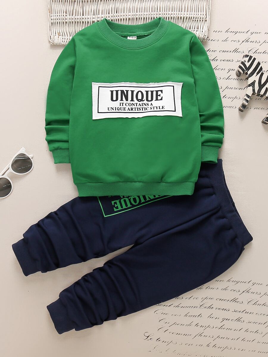 SHEIN 青少年男孩口號拼接運動衫與長褲 - 彩色 - 查看 1